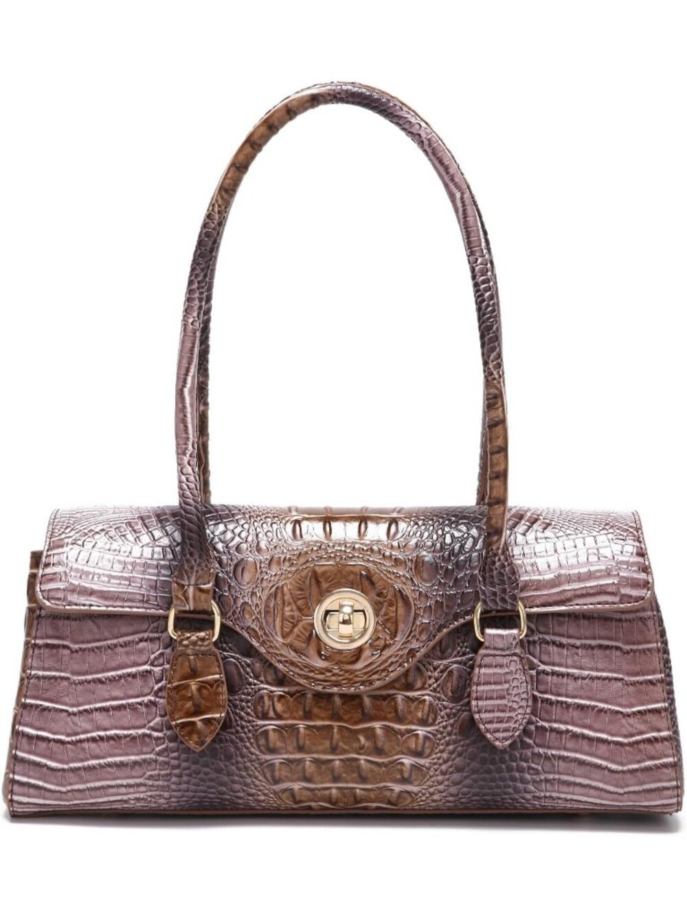 Women's Shell Brown Leather Crocodile Pattern Handle Handbag Satchel Tote Purse